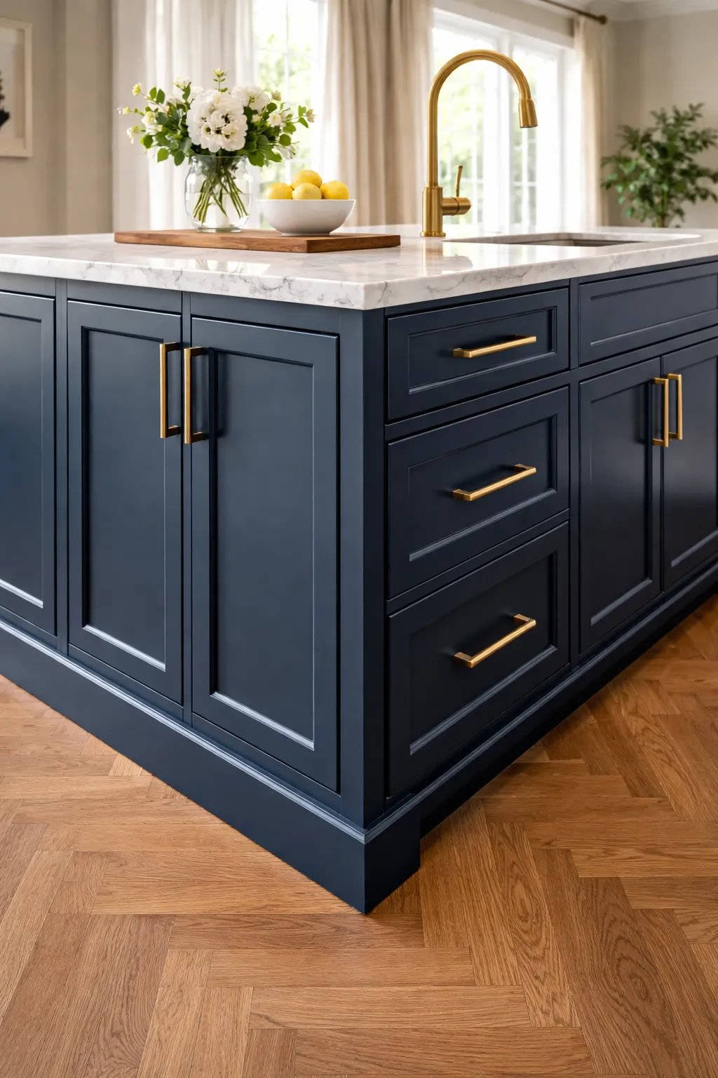 High-end kitchen cabinet refinishing in Bend Oregon, featuring modern dark navy doors, gold hardware, and a flawless factory-grade finish.