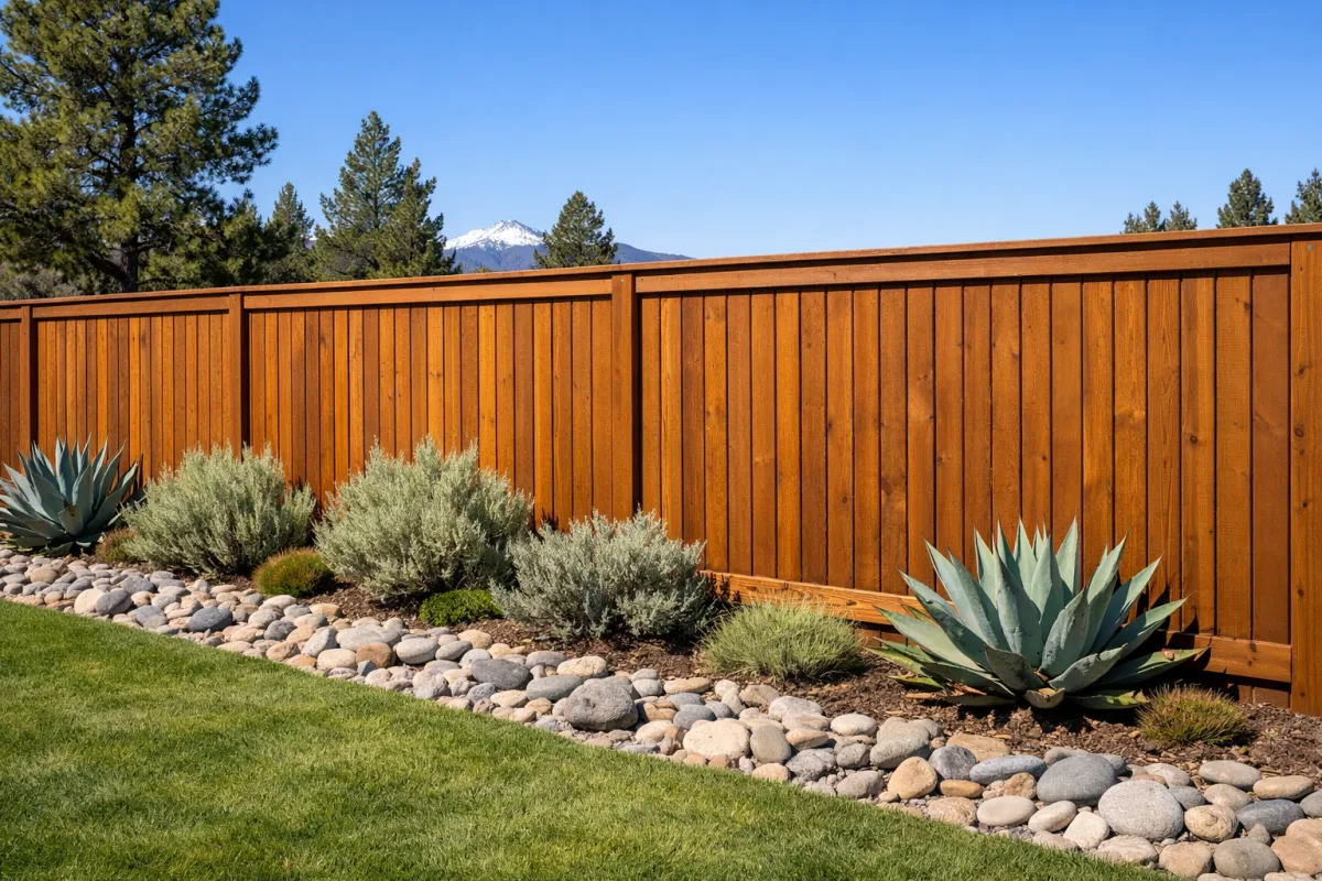 Beautifully stained cedar privacy fence protecting against UV rays in a Bend Oregon backyard