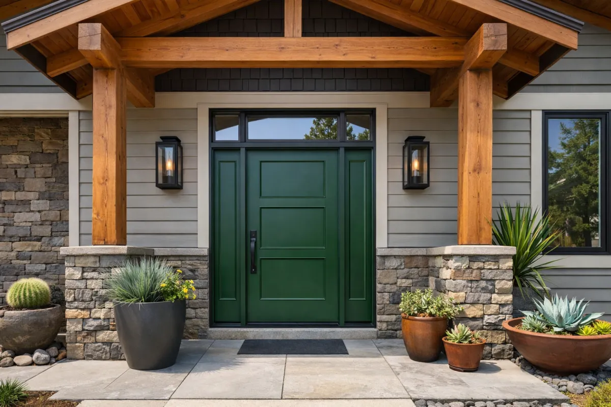 Exterior house painting Bend Oregon: custom forest green front door on a luxury high desert craftsman home featuring natural timber beams and stone masonry.