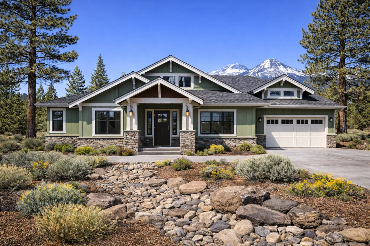 Exterior painting on a luxury high desert home in Bend, Oregon, featuring freshly painted sage green vertical siding, crisp white trim, and stone veneer against a background of pine trees and snow-capped mountains.
