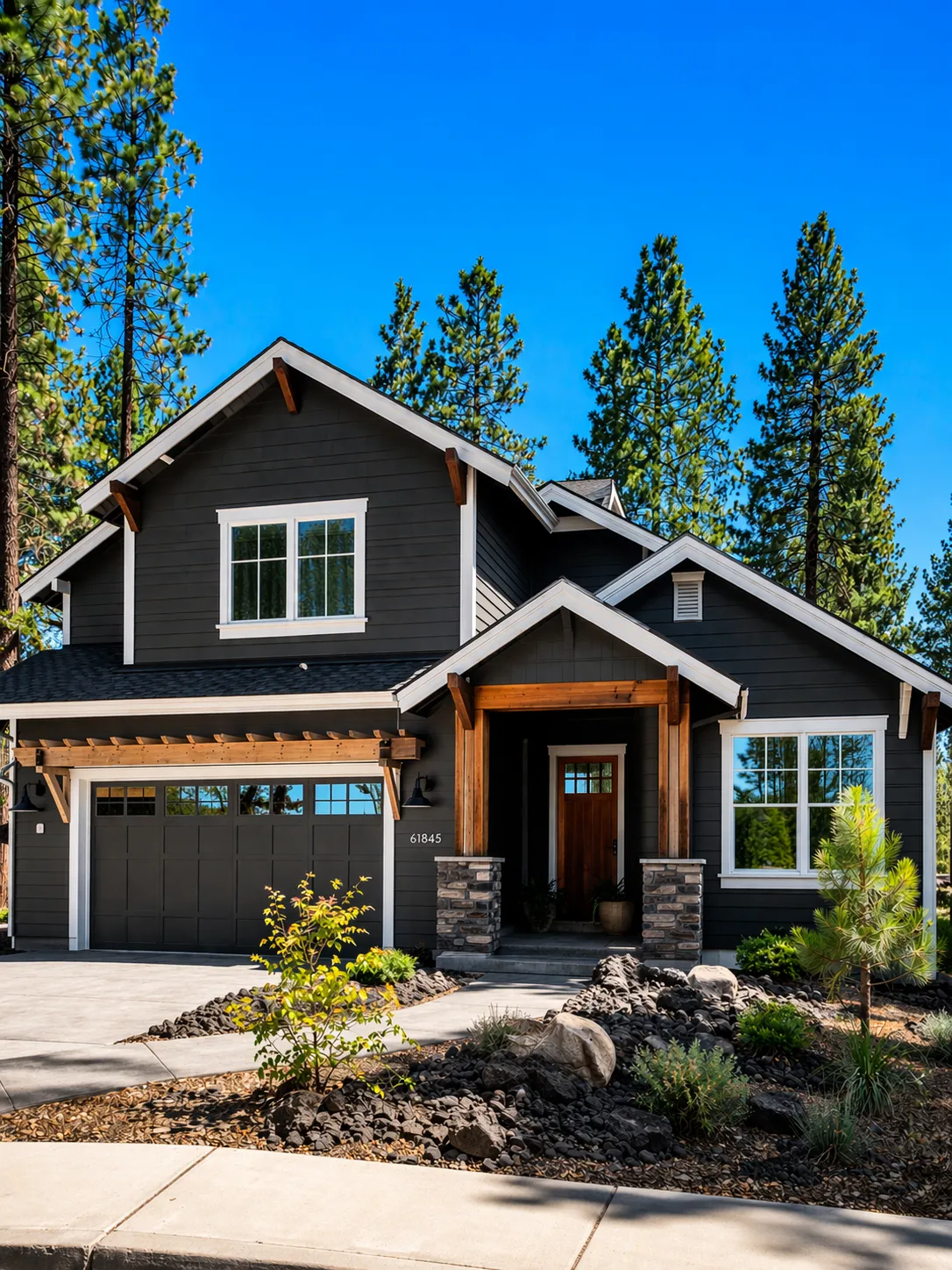 Exterior house painting Bend Oregon: charcoal craftsman home with crisp white trim and natural wood accents.