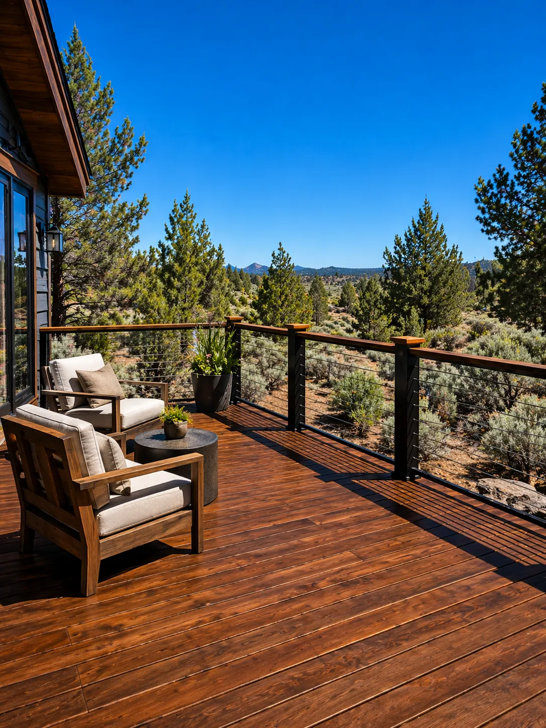 Professional deck staining and restoration in Bend, Oregon: a rich dark brown wood deck refinished with durable solid stain, modern cable railings, and a vast high desert landscape backdrop with sagebrush and juniper trees.