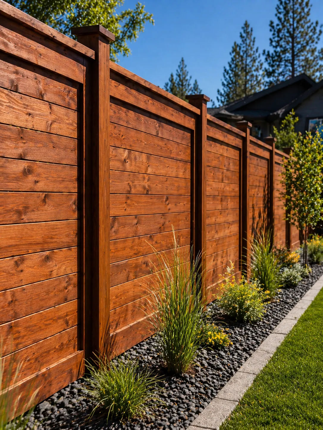 Fence staining Bend Oregon: premium cedar fence preservation with a rich protective solid stain on a modern horizontal wood fence.