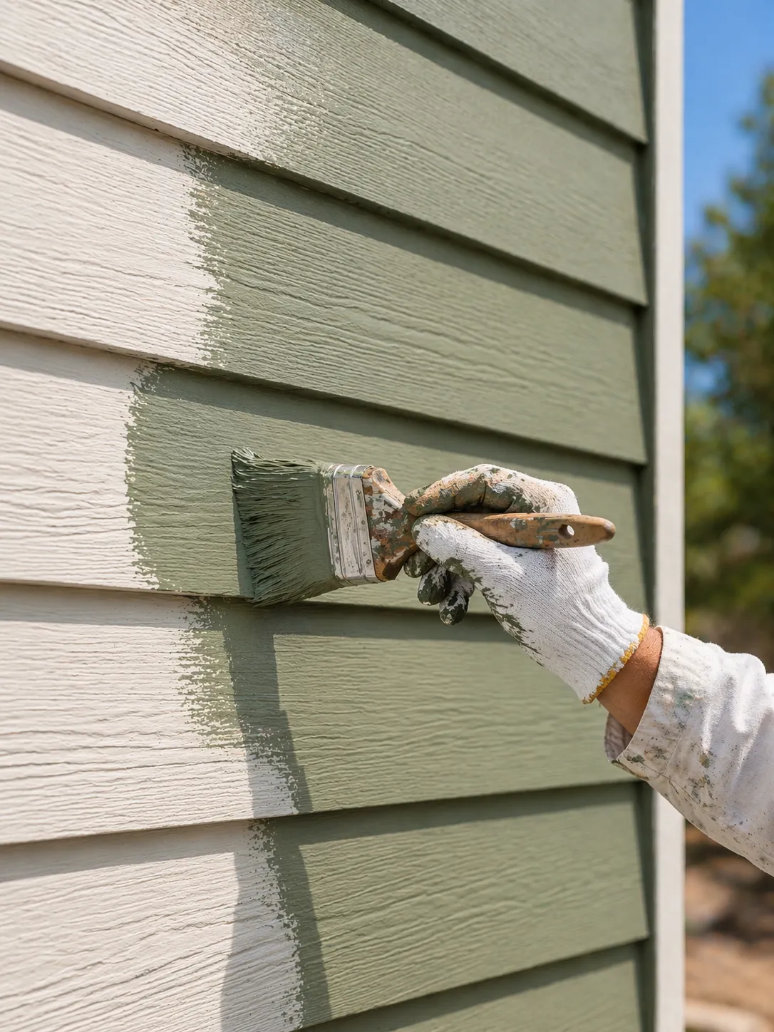 Siding painting Bend Oregon: professional application of protective sage green paint to exterior lap siding.