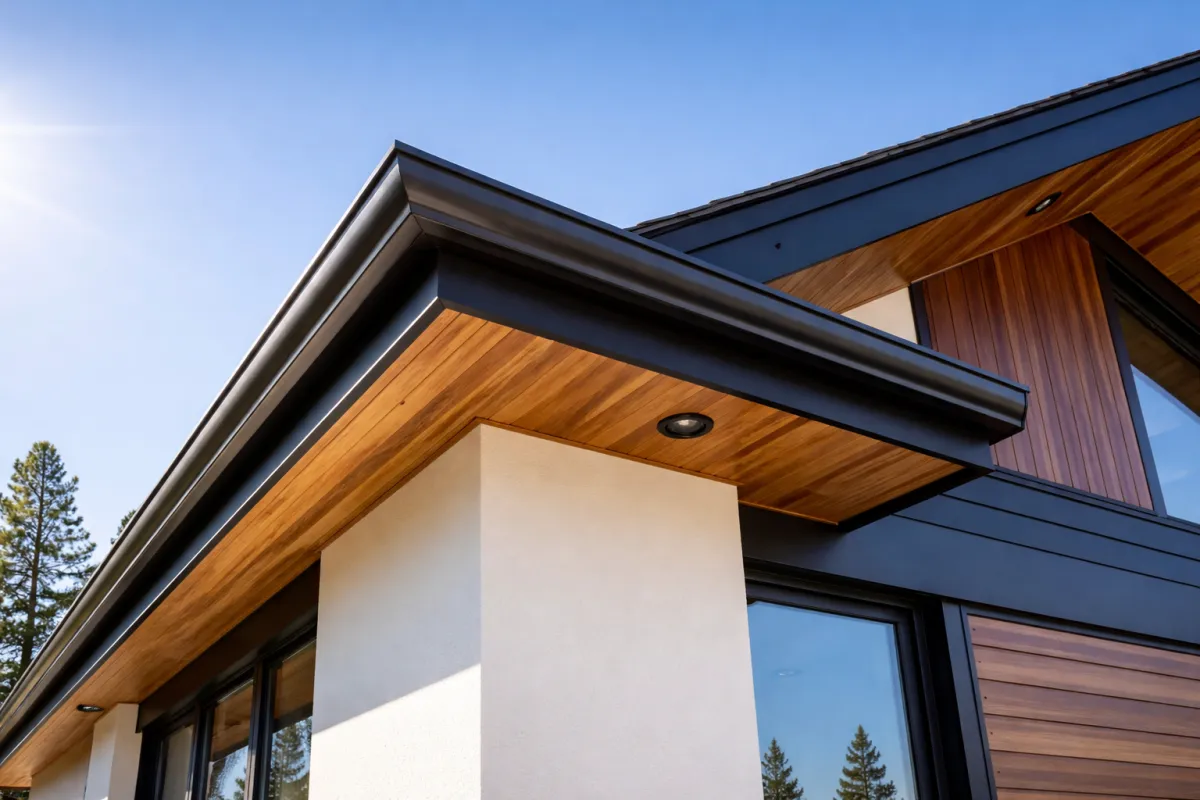 Freshly painted seamless gutters matching the exterior trim of a modern home in Bend Oregon
