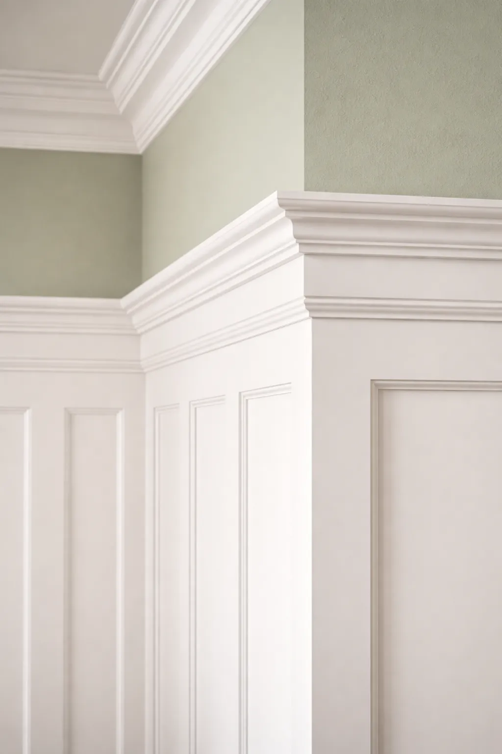 Precision interior trim and door painting for a Sunriver home, highlighting flawless wainscoting details and meticulous protective prep work.