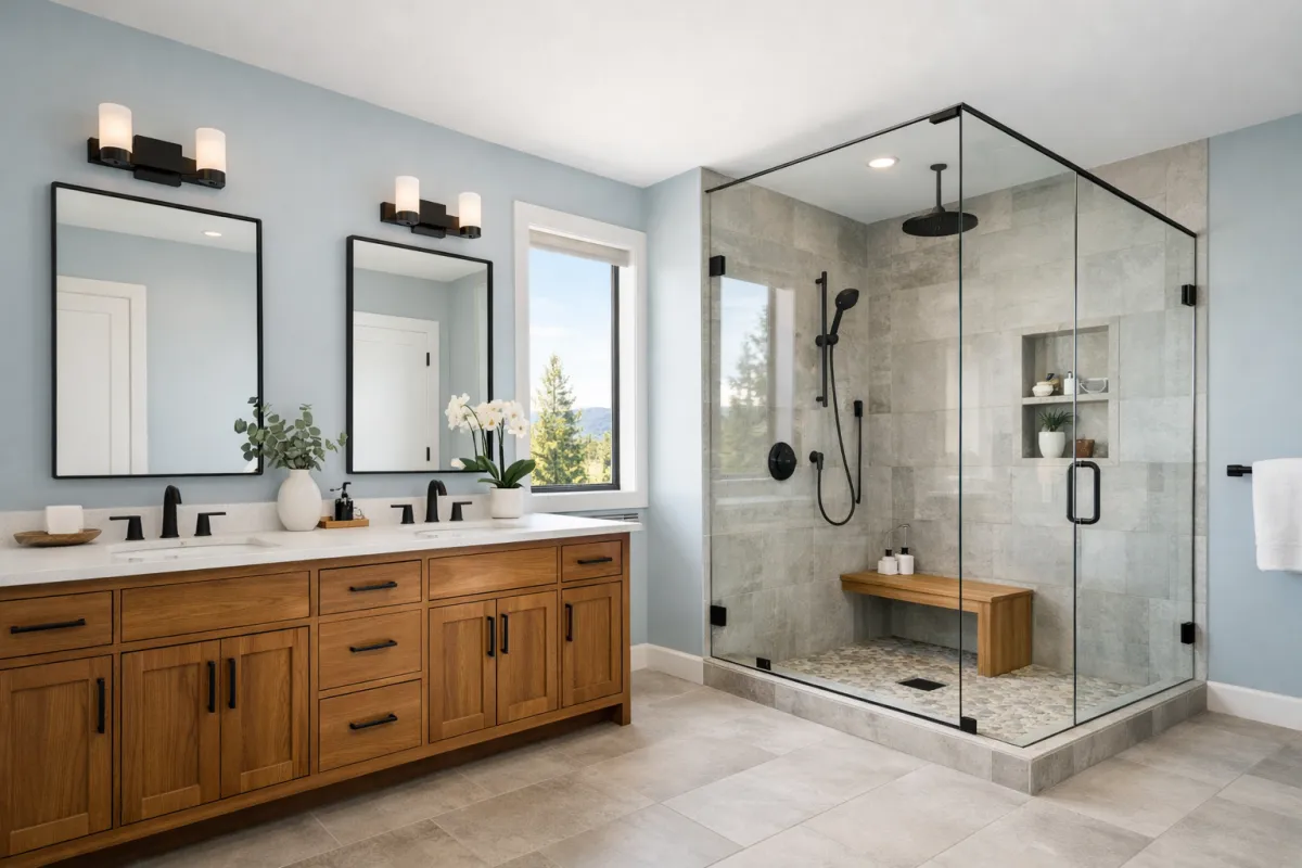 Freshly painted modern bathroom with moisture-resistant paint in a high-end Bend Oregon home