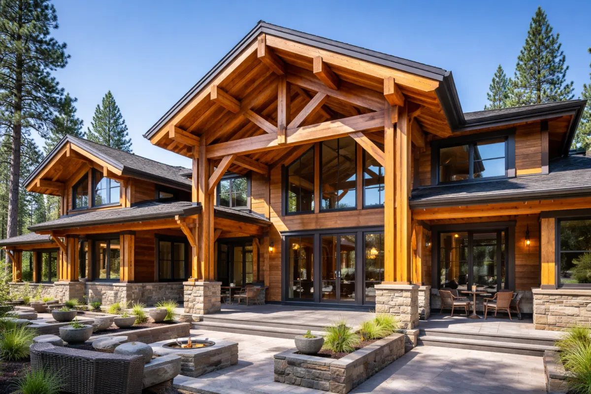 Beautifully stained cedar wood siding and exposed timber beams on a luxury home in Bend Oregon