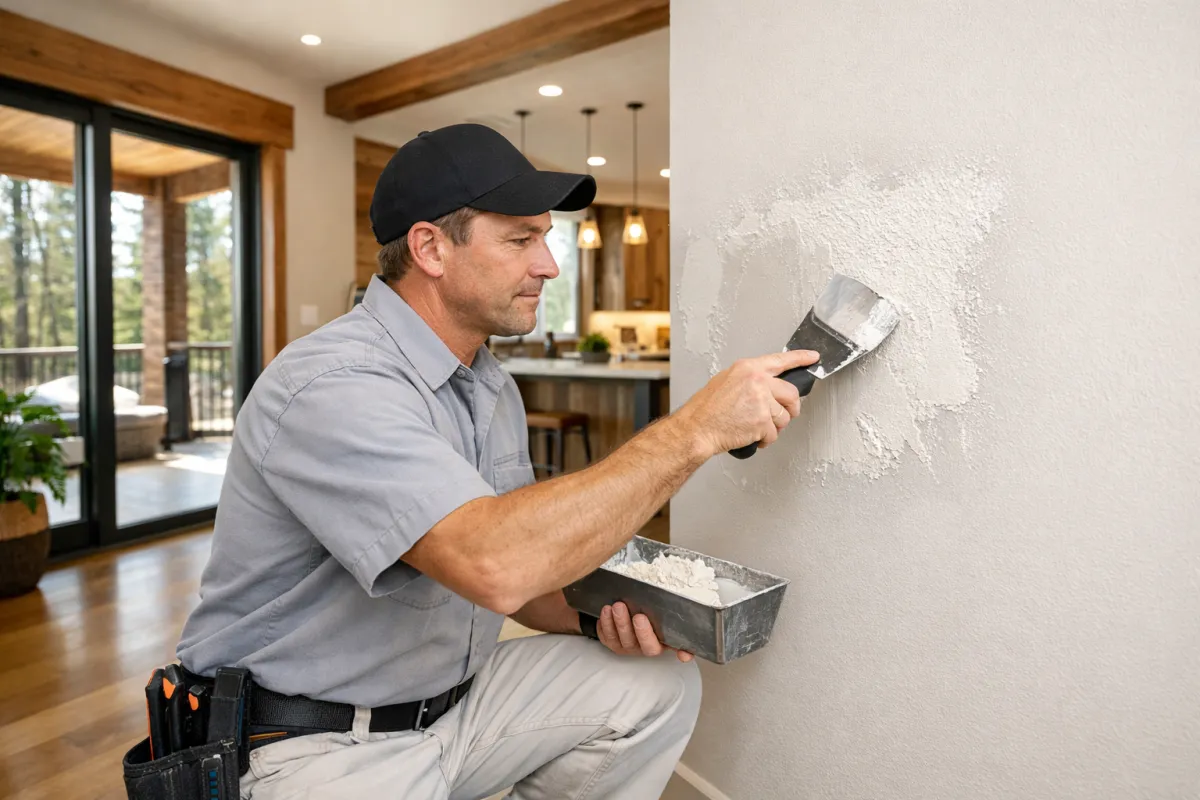 Professional contractor performing drywall repair and texturing in a Bend Oregon home