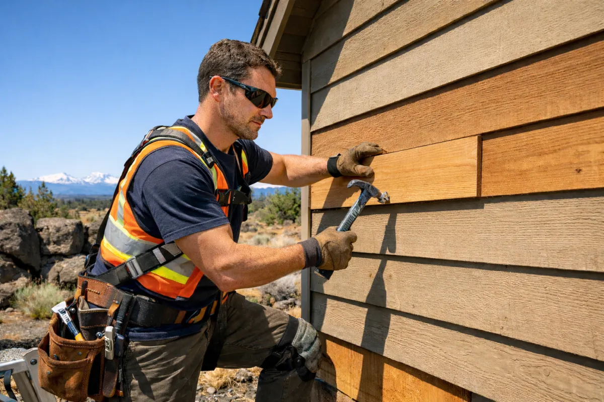 Contractor performing exterior dry rot repair on a home in the High Desert of Bend Oregon