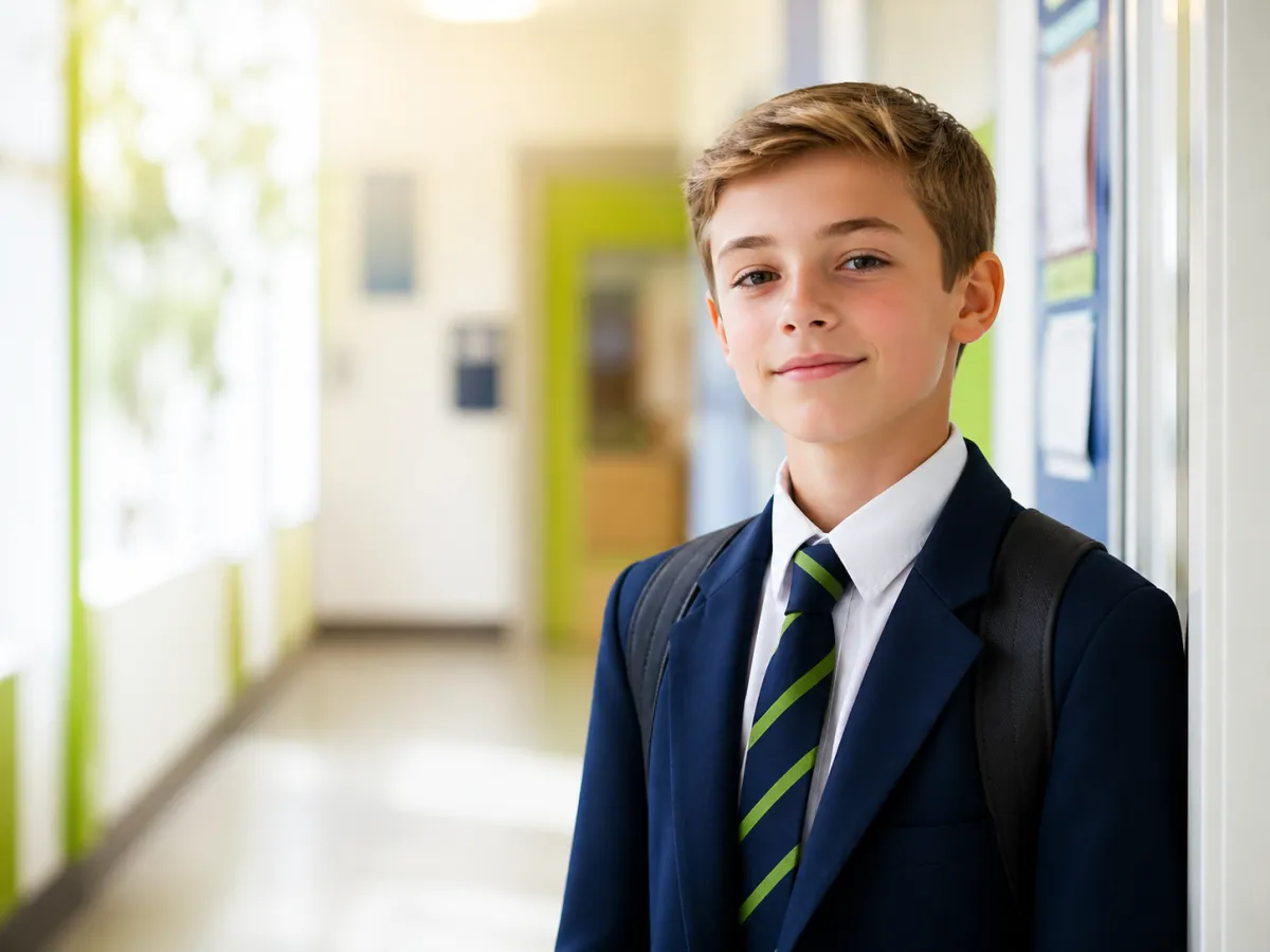 Confident school child standing in a school corridor for KRMA anti-bullying guide