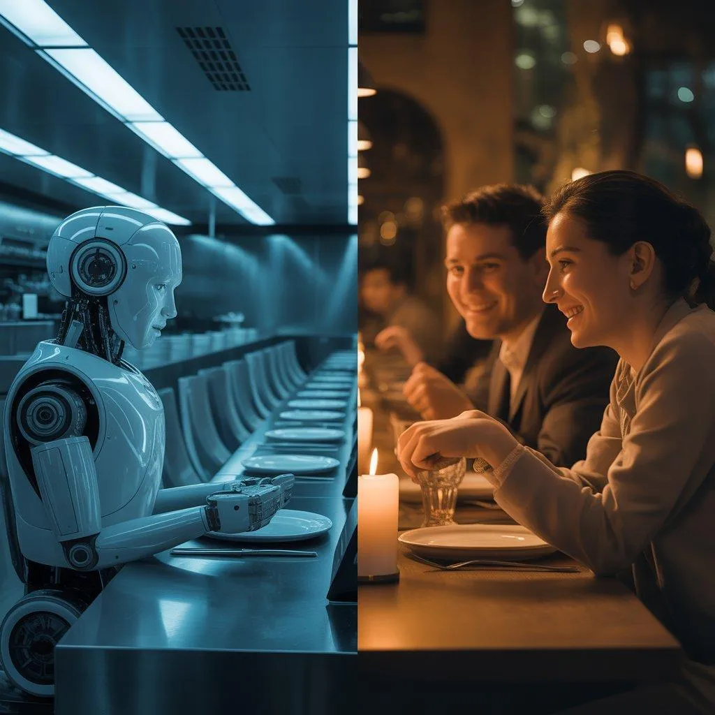A robot and a human side by side in a restaurant setting representing the difference between automation and genuine hospitality.