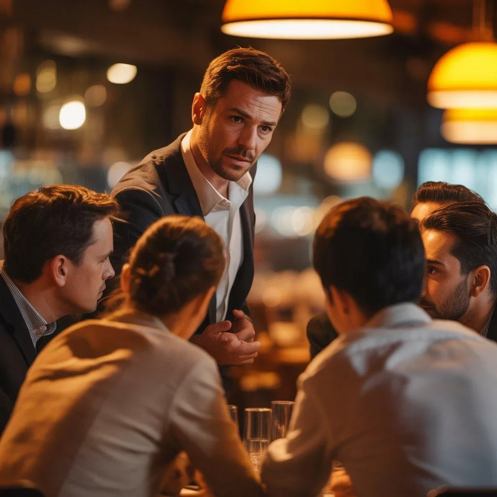 A restaurant manager leading a team discussion around a table representing investment in leadership development.