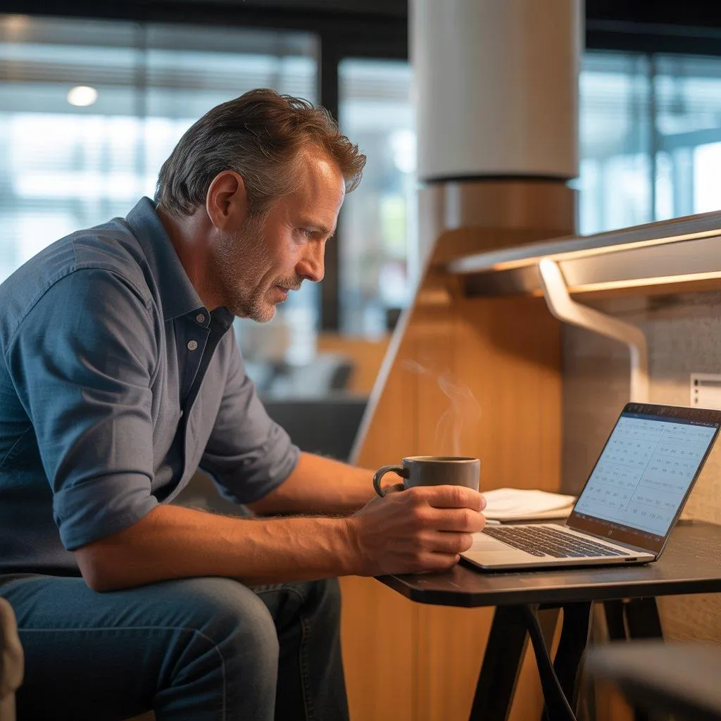 A restaurant operator reviewing financial reports and prime cost numbers at a desk with a focused and determined expression.