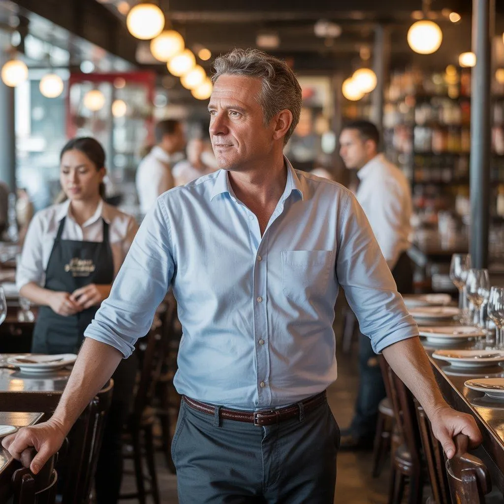 A restaurant manager observing his team during a shift focused on accountability and operational efficiency.