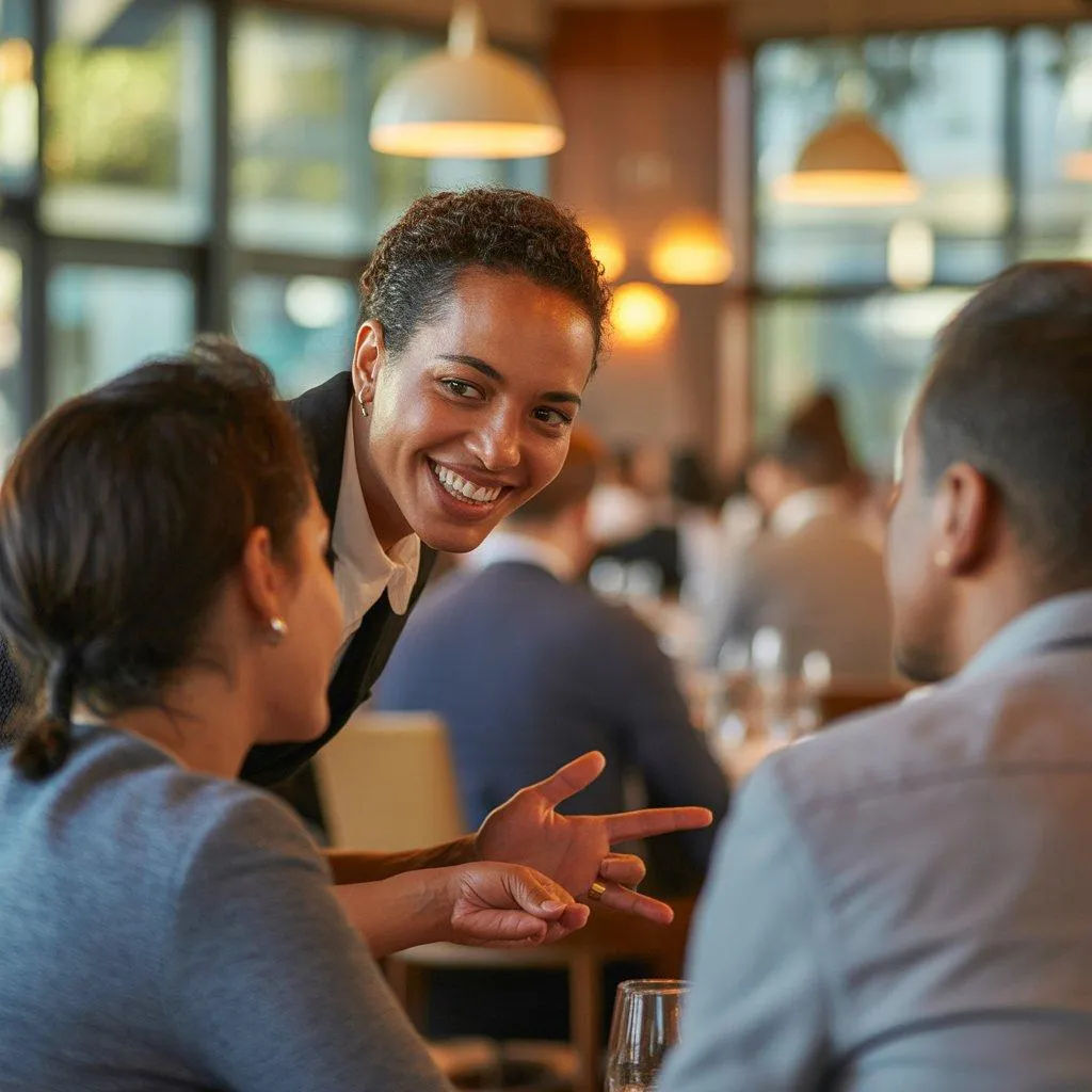 A confident server engaging with guests on a busy restaurant floor representing the difference between service excellence and management roles.