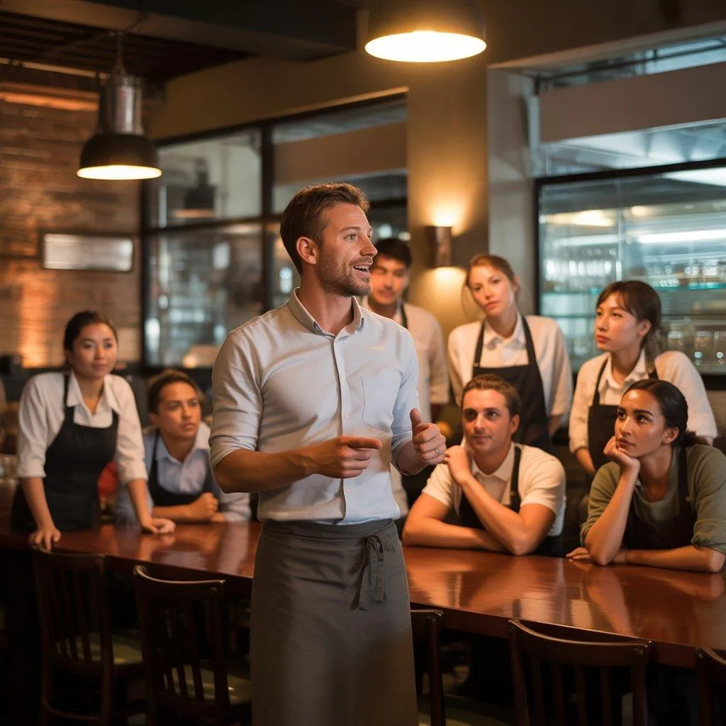 A restaurant manager leading a pre shift huddle with their team before service focused on standards sales and labour targets.
