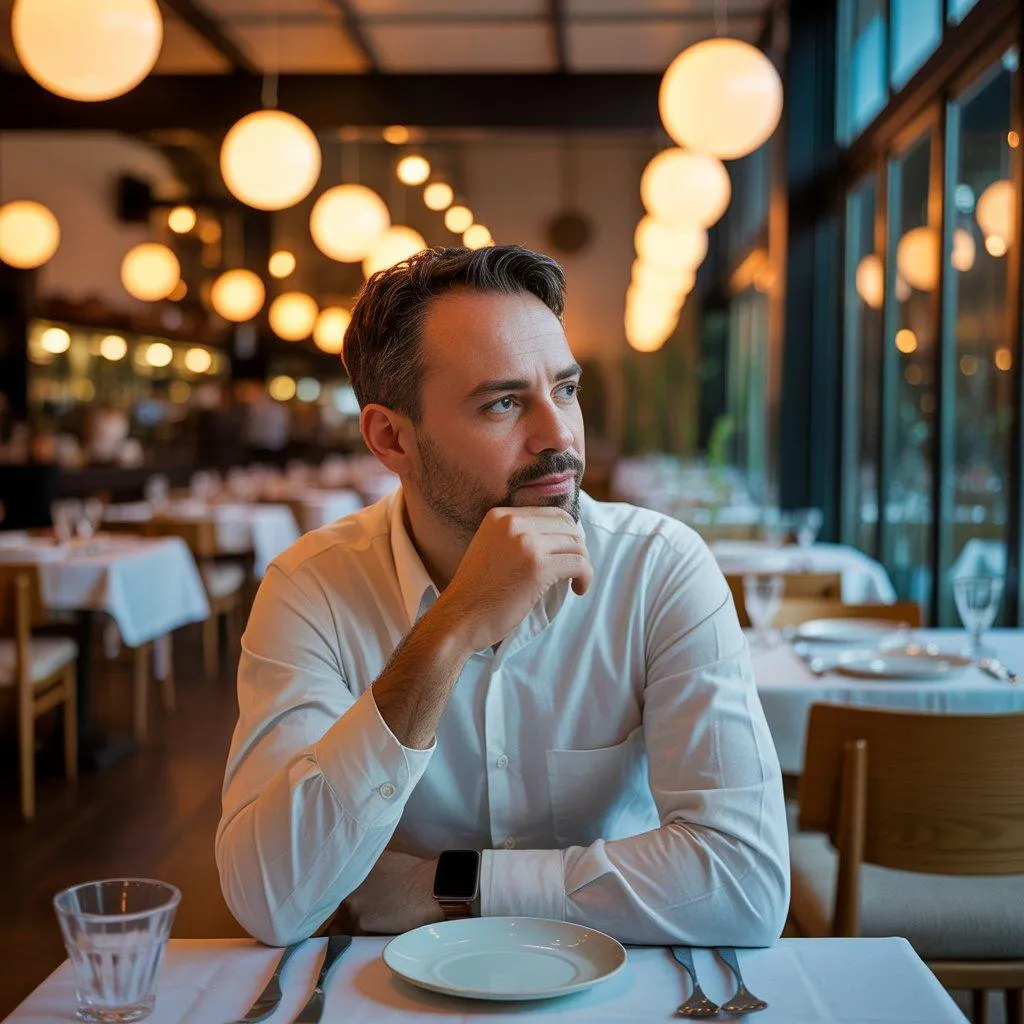 A restaurant owner reflecting on their personal brand and reputation while sitting in their dining room.