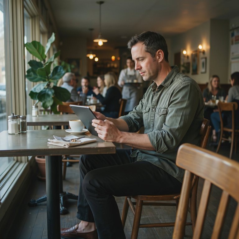 A restaurant manager carefully reading customer reviews on a tablet focused on feedback and improving the guest experience.