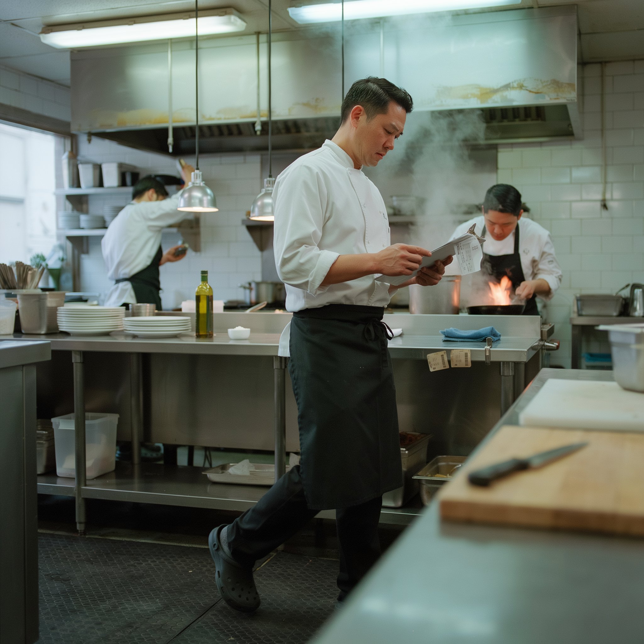 Restaurant manager reviewing food costs and plate margins in the kitchen