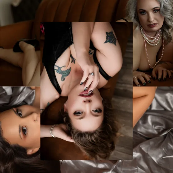 Woman in black outfit lounging on a white couch.