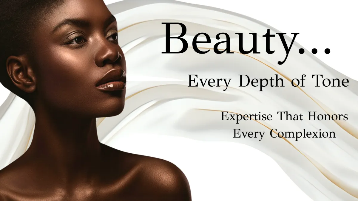 Beautiful woman of color looking off into distance.  Picture states Beauty...Every depth of tone.  Expertise that honors every complexion.