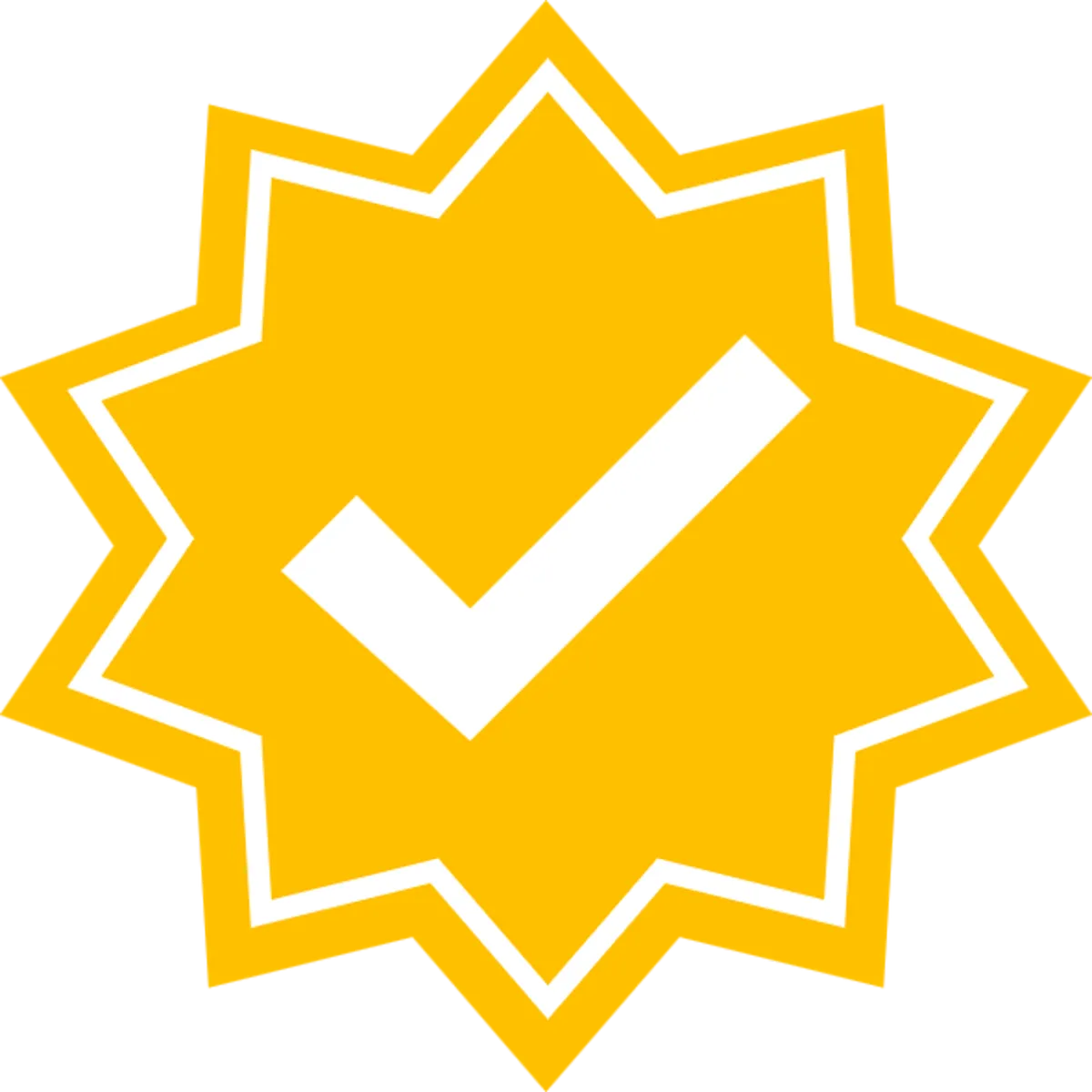 Yellow starburst icon with a bold white checkmark in the center, symbolizing verification, approval, or certified status. Commonly used in branding, user interfaces, and quality assurance messaging.