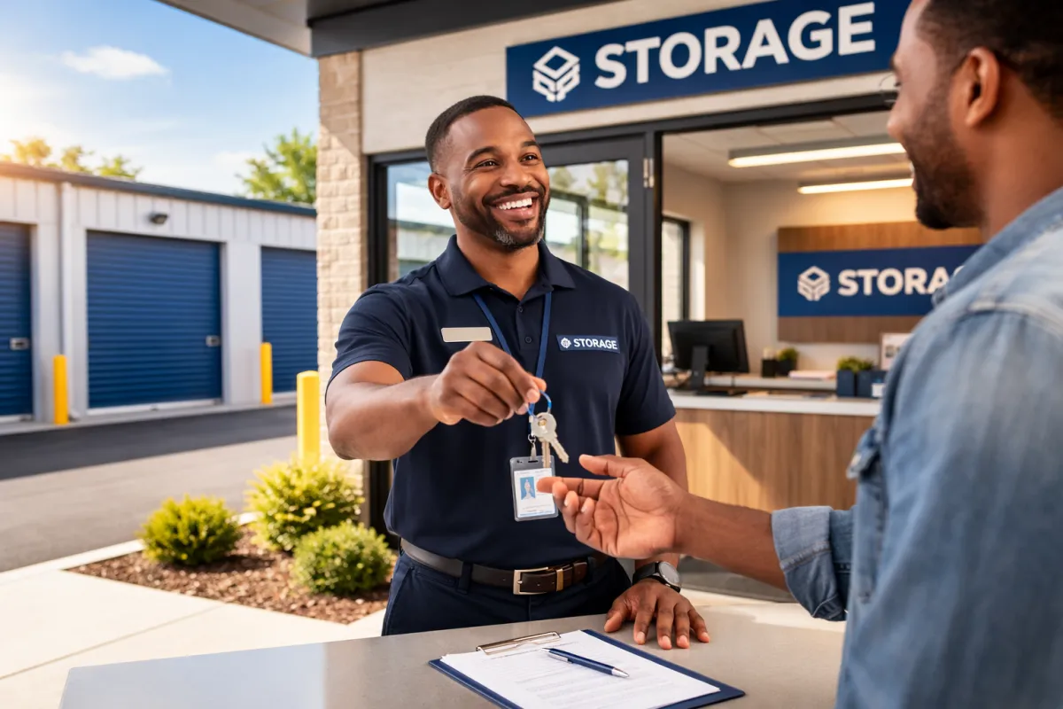 Black storage facility manager smiling and handing over storage unit keys to customer at Secure Plus Storage in Montego Bay Jamaica
