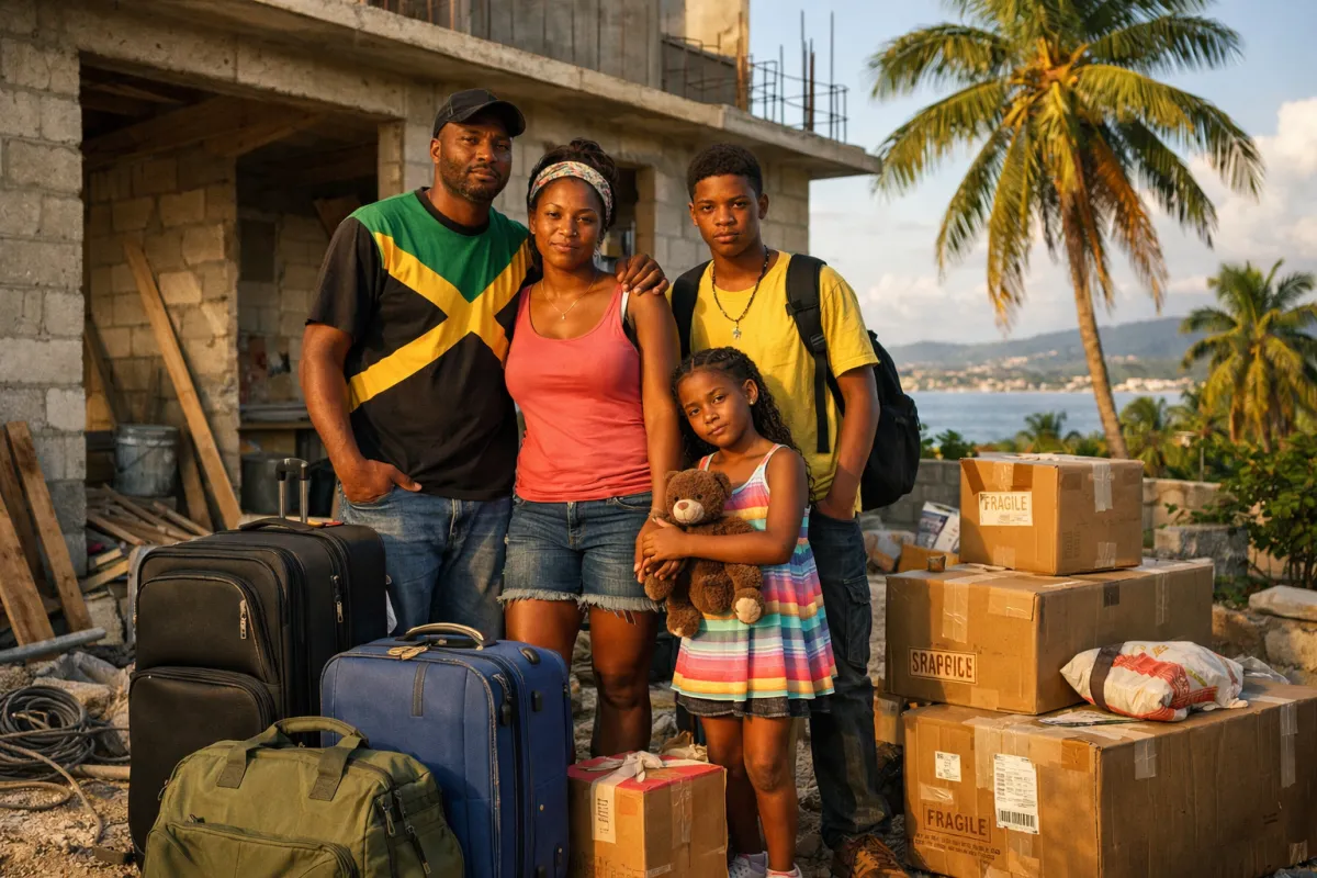 Jamaican family standing outside partially completed home in Montego Bay with suitcases and moving boxes, showing hopeful yet overwhelmed emotions during relocation