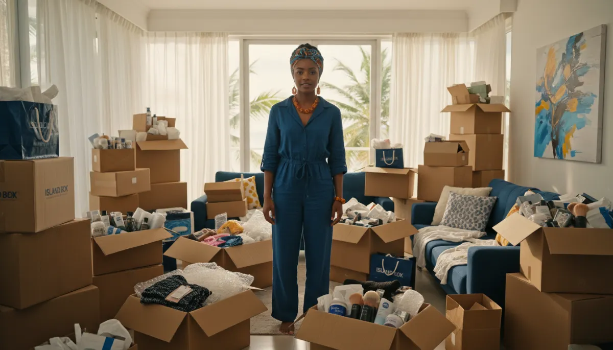 A confident Jamaican entrepreneur stands in her Montego Bay living room surrounded by boxes of business inventory and packaging materials, representing the challenge of running a small business from home in Jamaica.