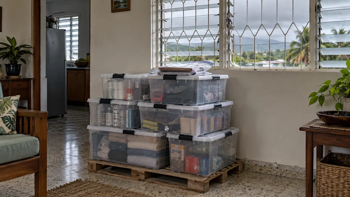 Hurricane preparedness checklist Jamaica , sealed storage bins raised on a pallet