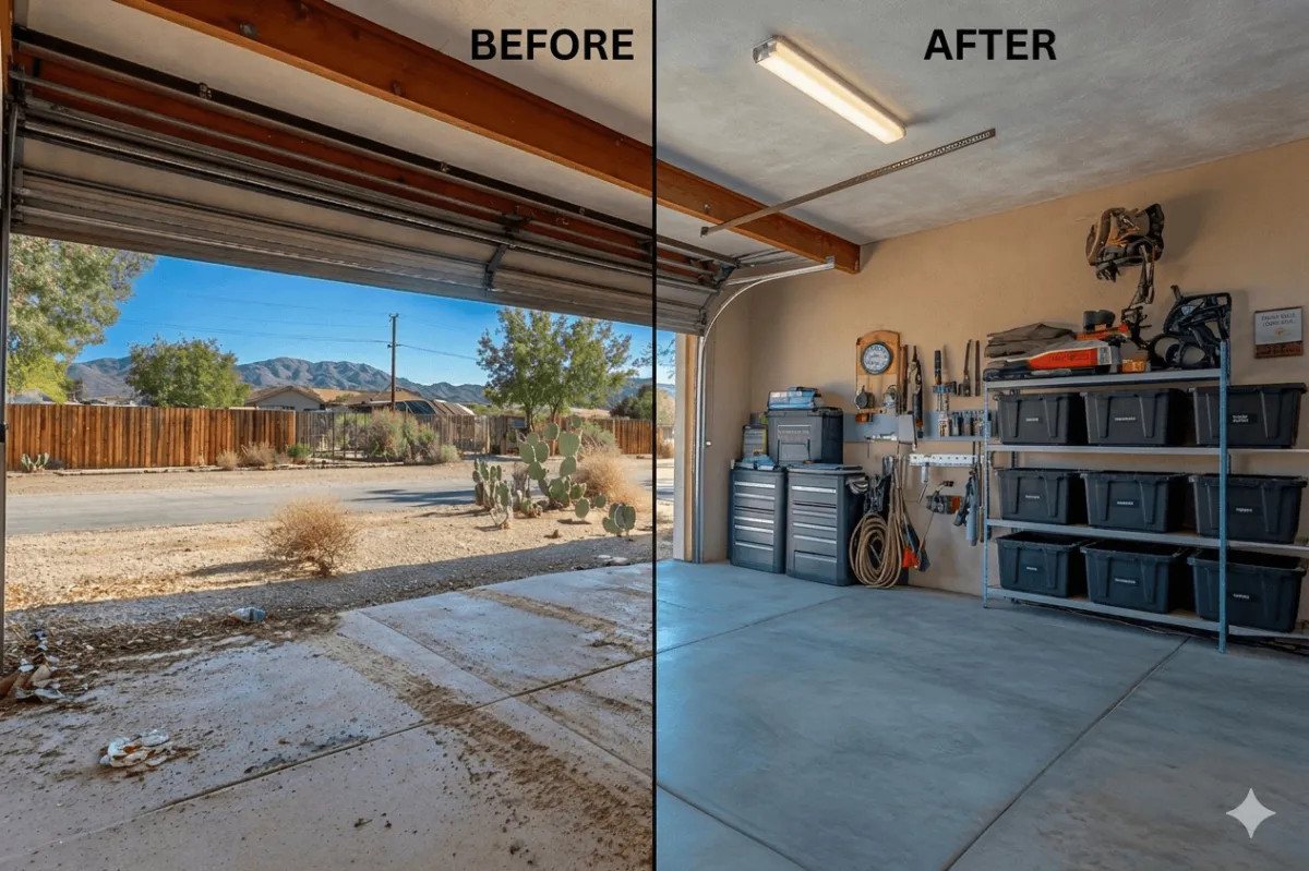 Garage floor after pressure washing.