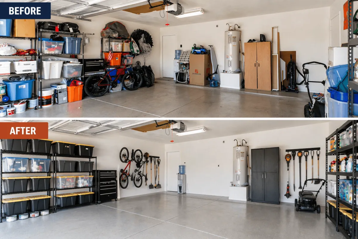 Two-person Garage Works crew clearing items