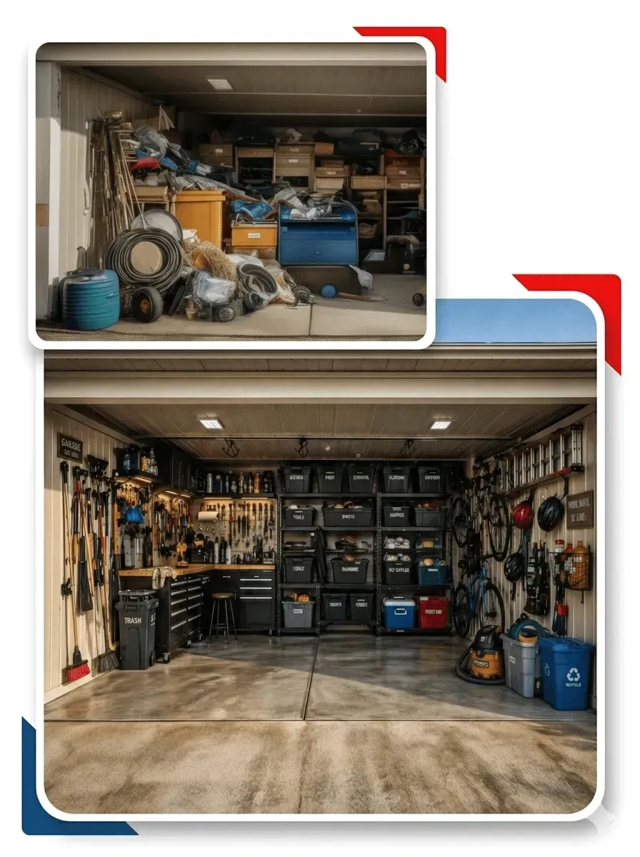 Cluttered West Texas garage before reset