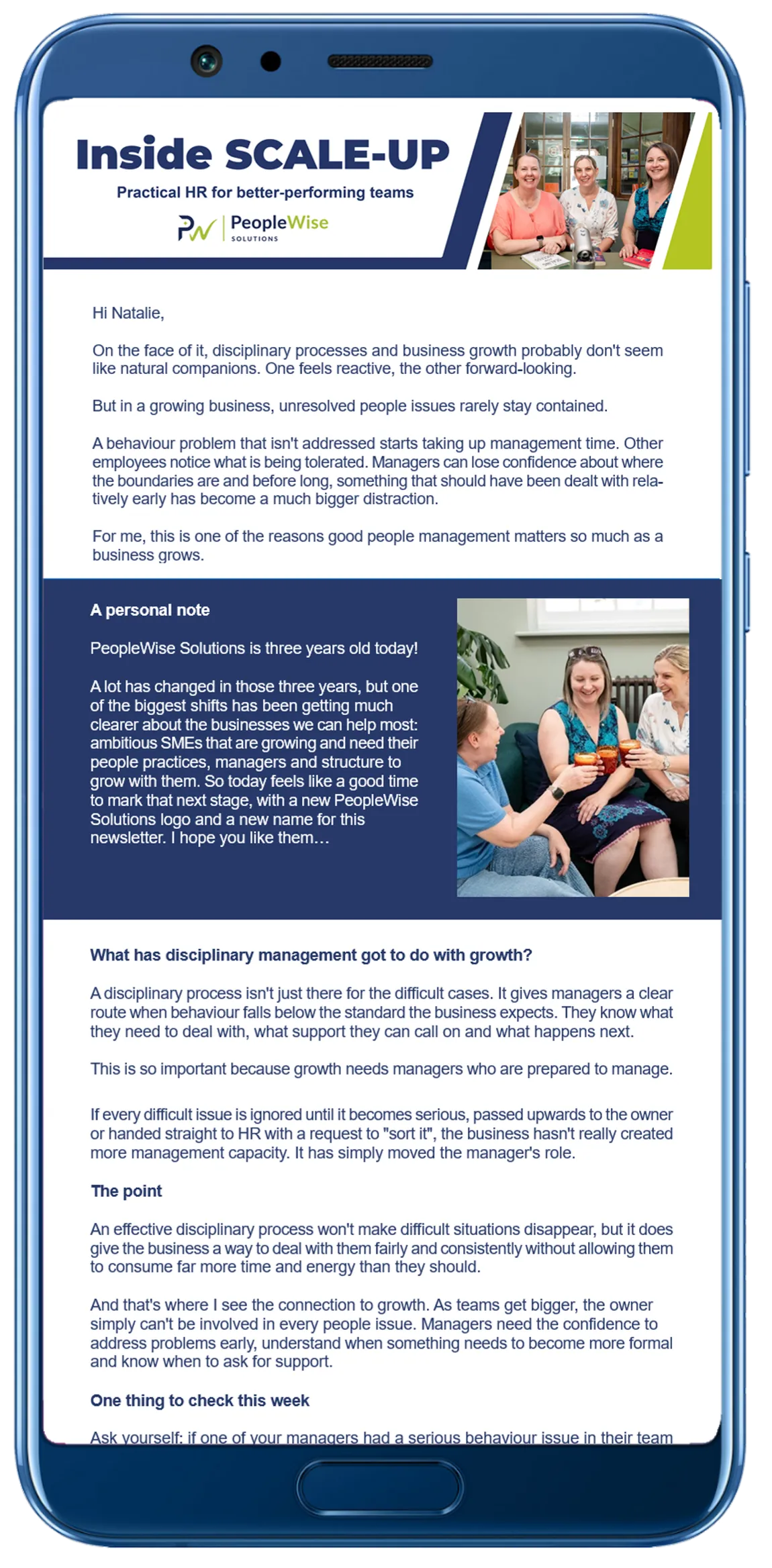 Example newsletter on mobile phone