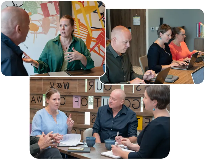Collage of Karen and the team in business meetings