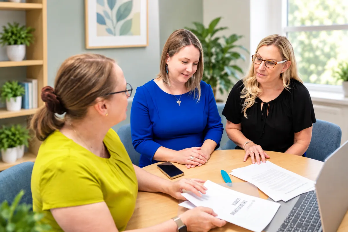 Karen, Georgie and Natalie sat around a table discussing a document