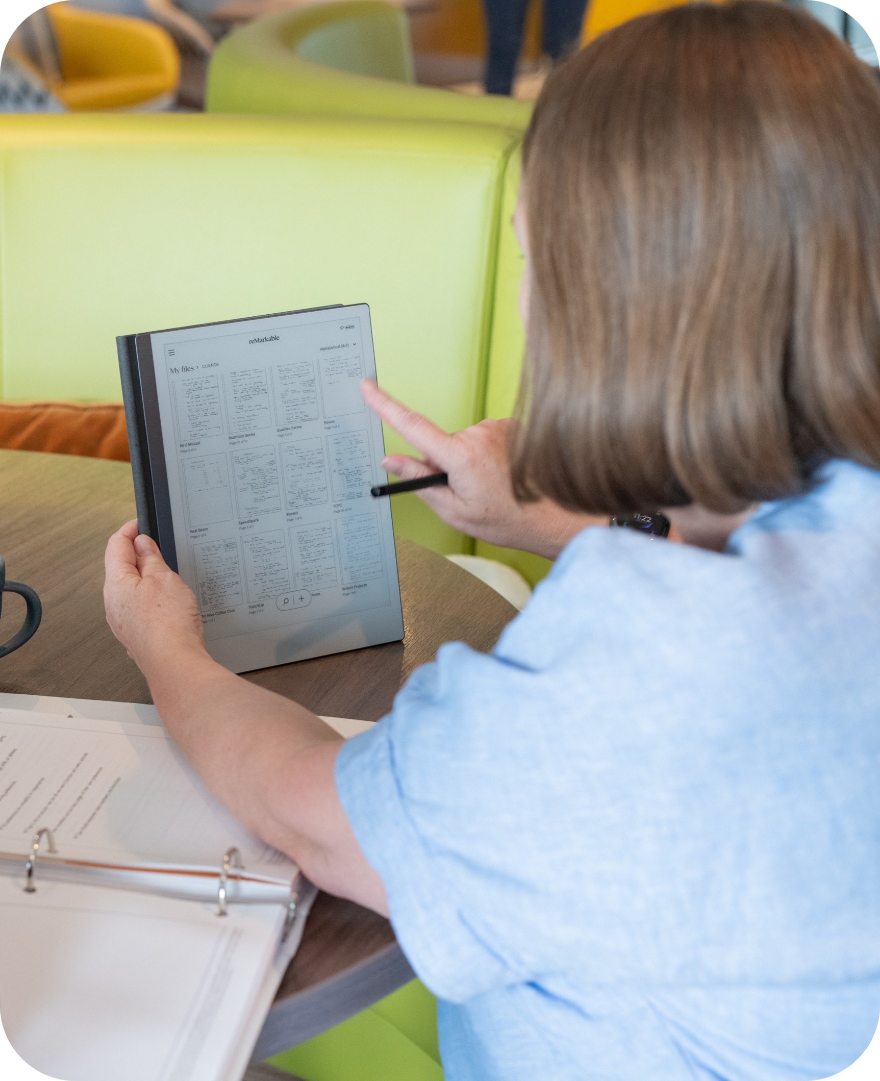 Karen reviewing results