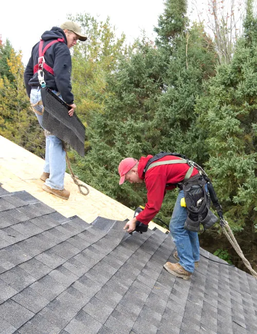 Two workers on a roof, secured by safety harnesses, are installing shingles. One worker is nailing down a shingle while the other prepares a new one.