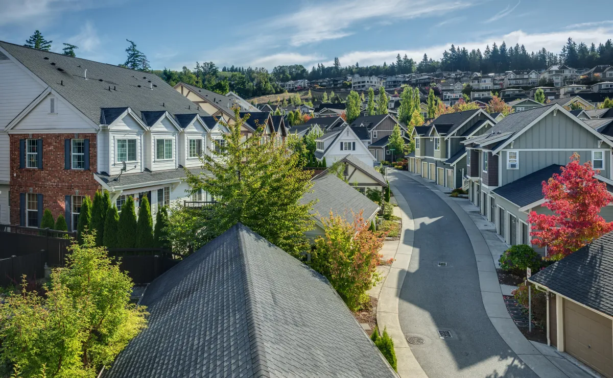 Suburban neighborhood with multiple homes and visible rooftops along a curved street.