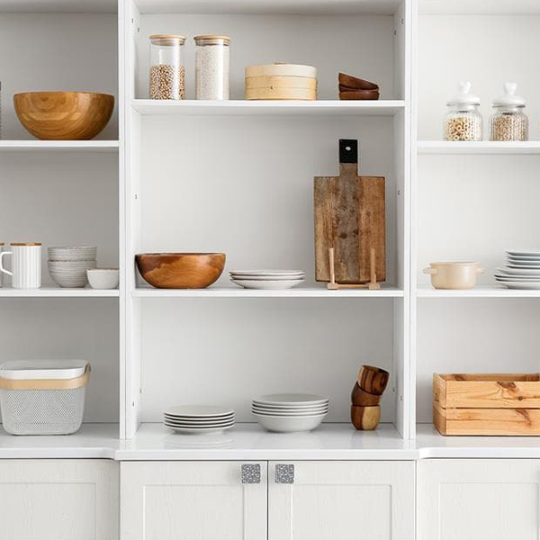 Neatly organized kitchen cabinets with jars, dishes, baskets, and storage containers arranged on white shelves