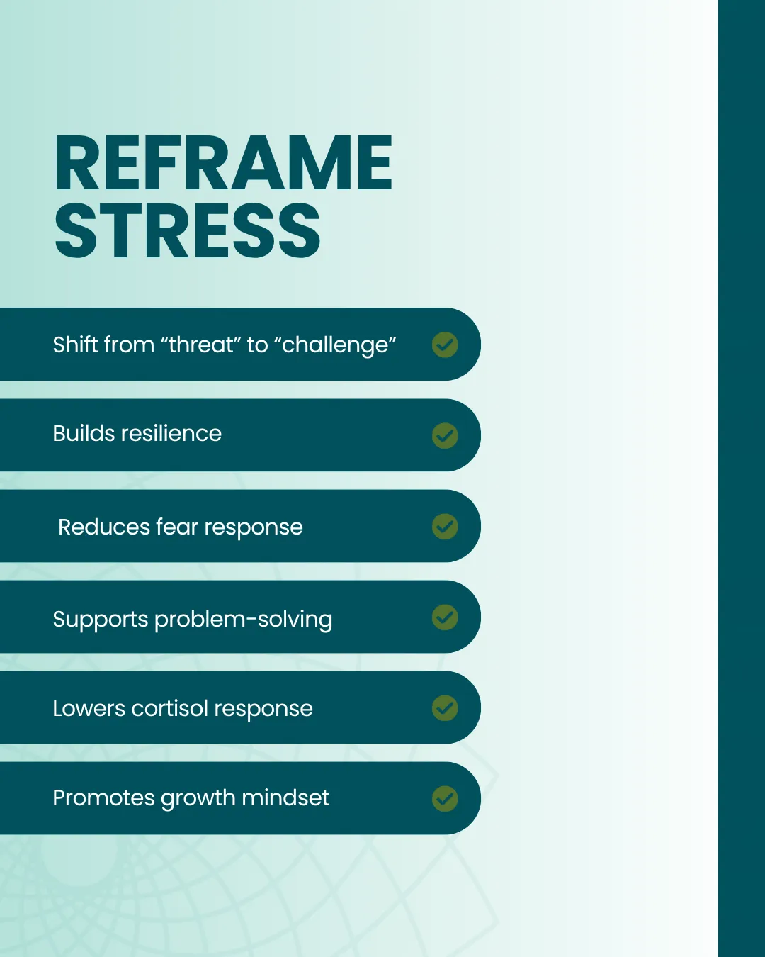 Reframe stress list detailing benefits and strategies.