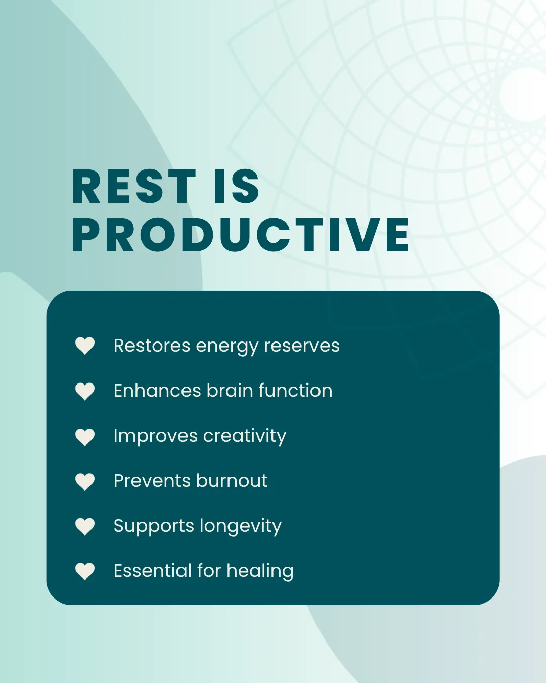 Visual depiction with text emphasizing the productivity benefits of rest