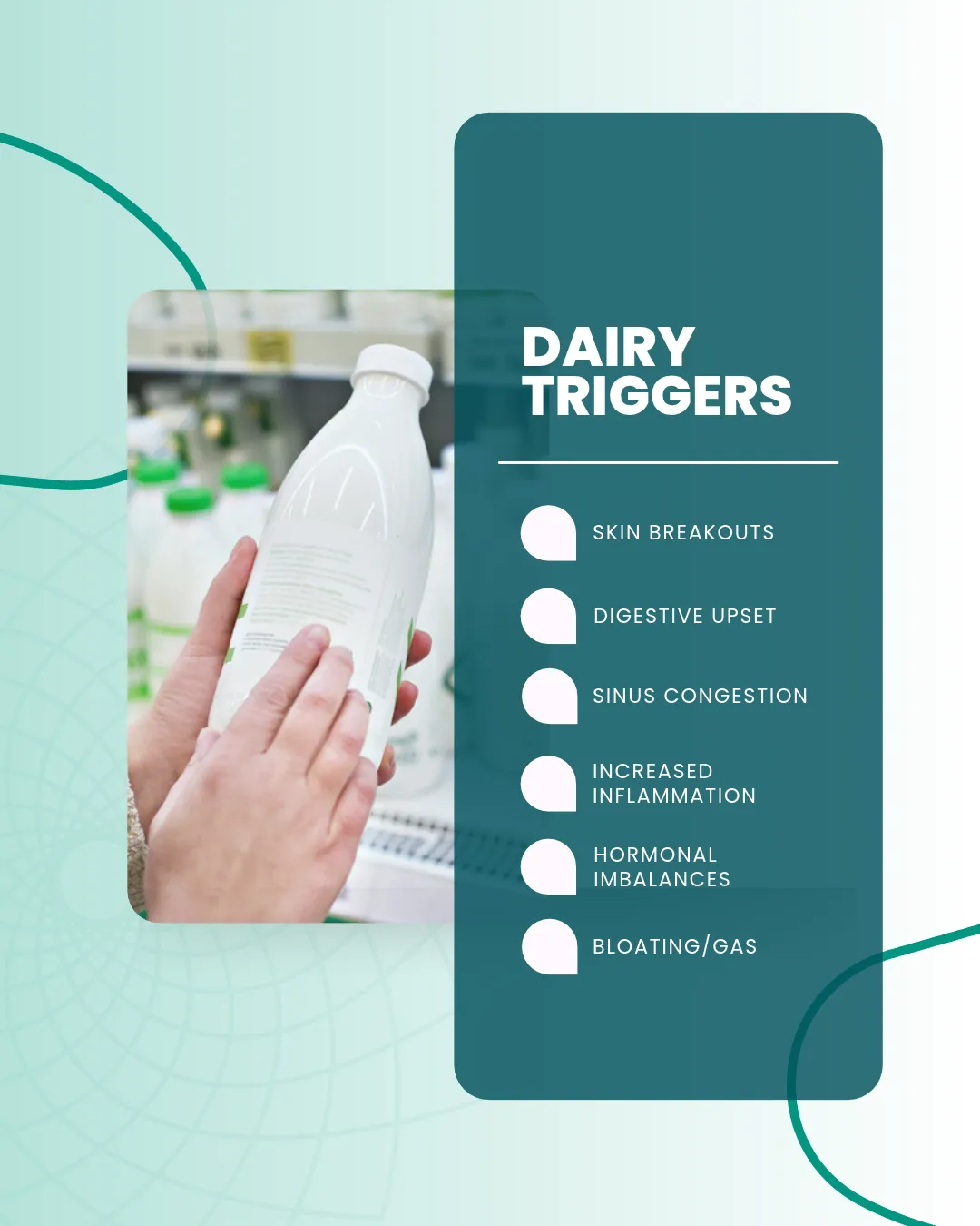 Person holding a dairy product with list of potential health triggers.