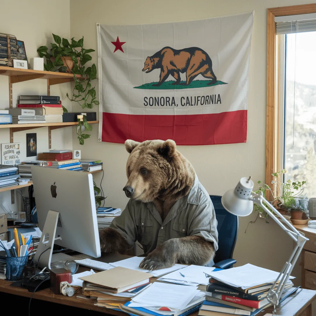 a grizzly bear sitting at a messy desk with a button up shirt on