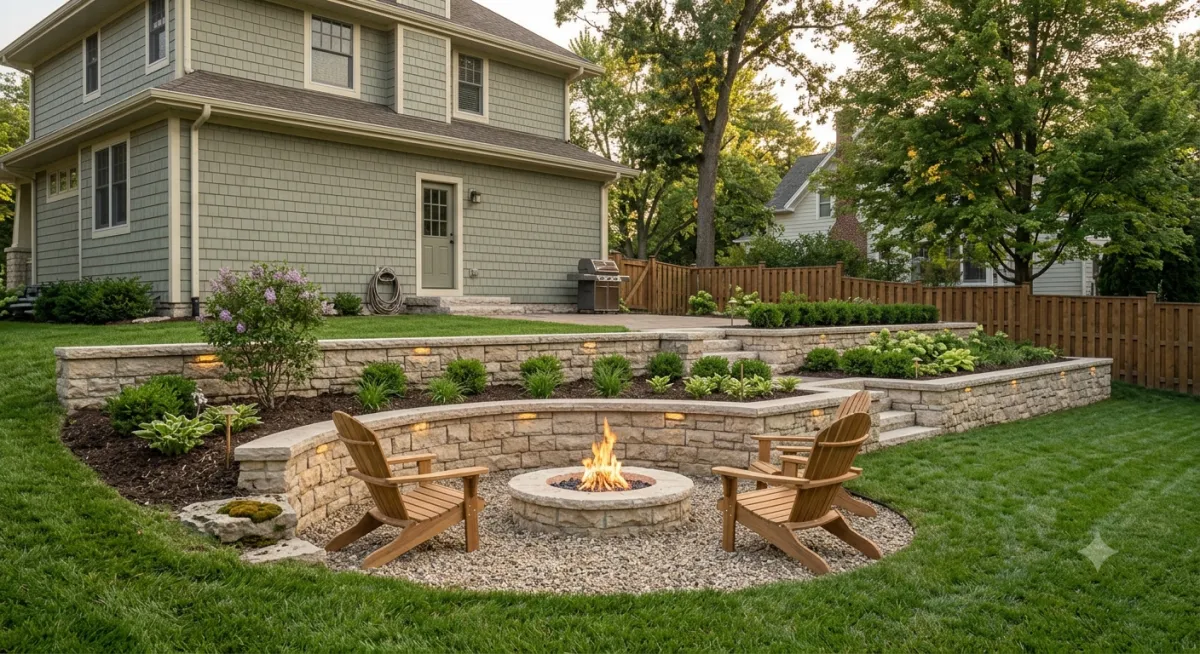 a firepit with retaining wall and outdoor lighting