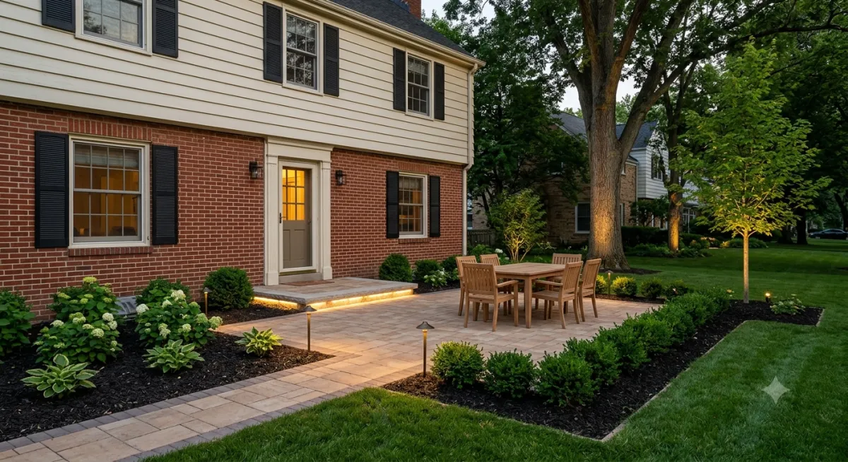 a paver walkway with outdoor lighting and plantings