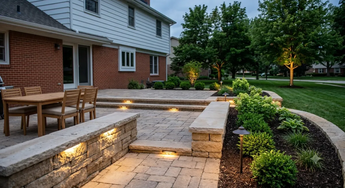 a paver patio with a dining table
