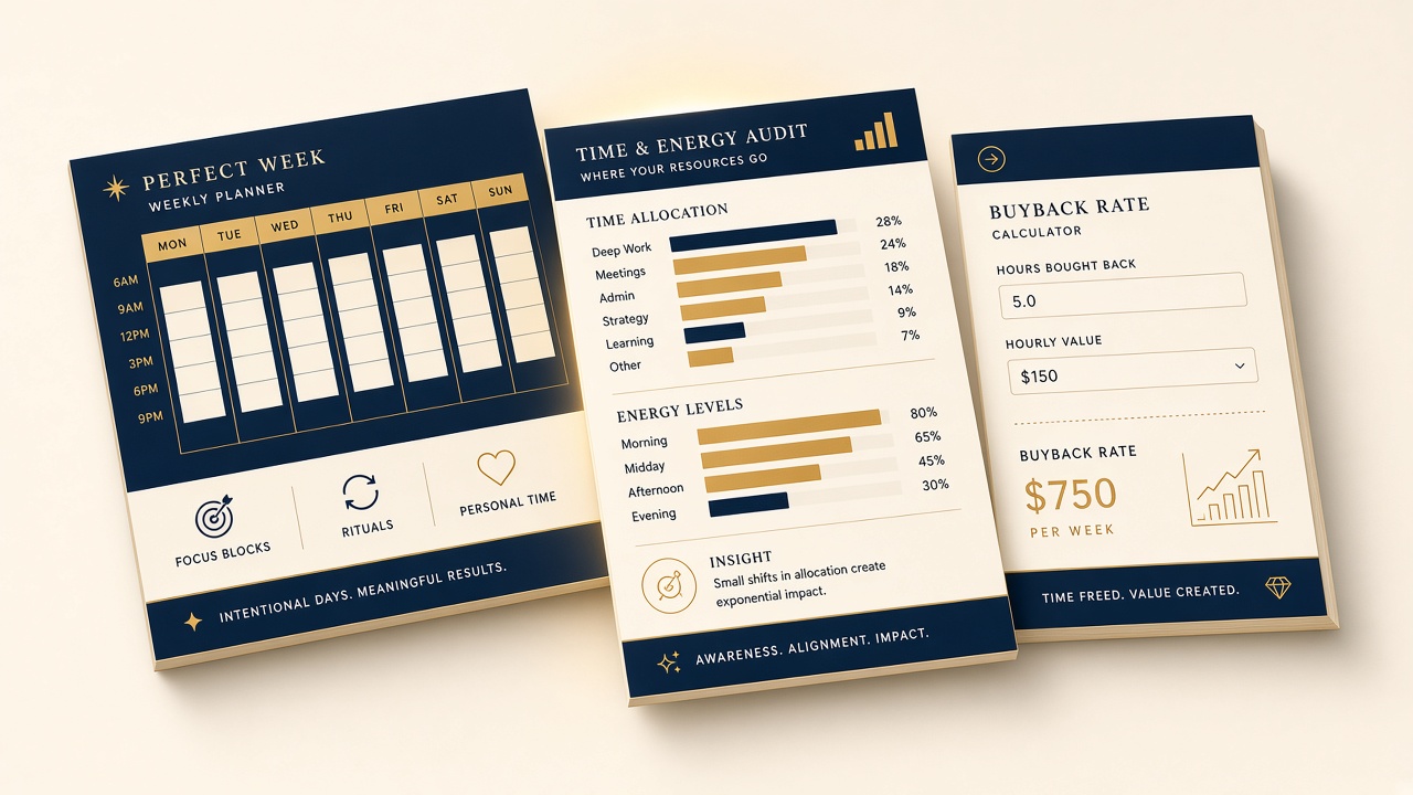 Preview of exclusive tools: Buyback Rate Calculator, Time & Energy Audit, and Perfect Week Calendar