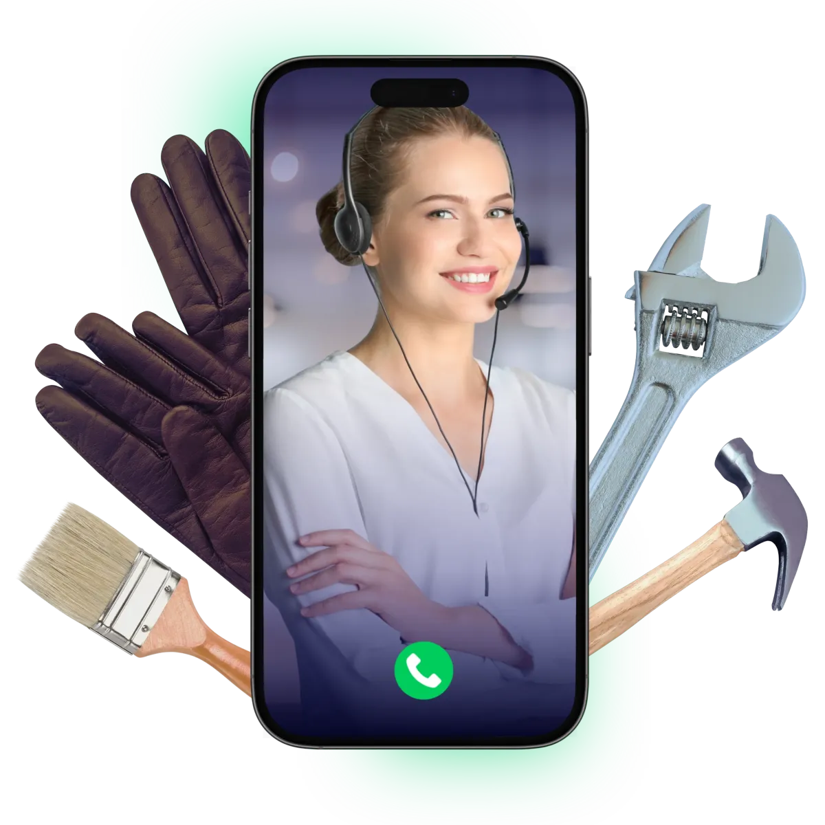AI Smartphone interface held next to tradesman tools
